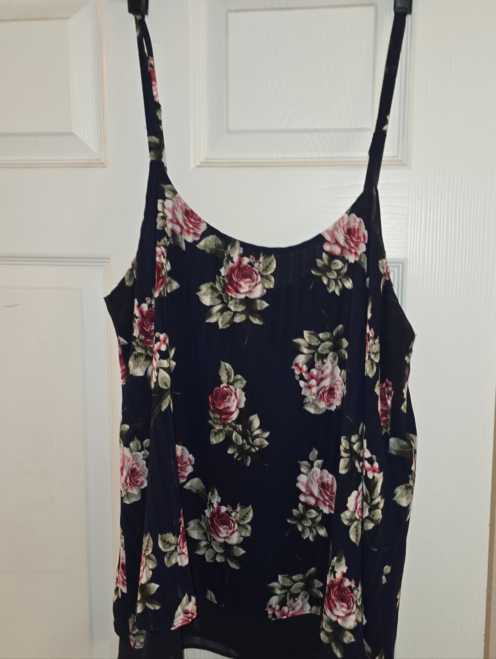 Floral Spaghetti Strap Tank Top - Blue with Pink Rose Print